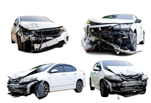 Front of white car get damaged by accident on the road. damaged cars after collision. isolated on transparent background, PNG file