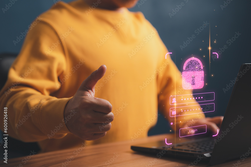 Poster Adult man login or sign in with fingerprint scanning technology in the computer laptop. Secure encryption and access to the user's private information to access the internet.