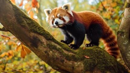 Naklejka premium An energetic red panda climbing up a tree. AI generated