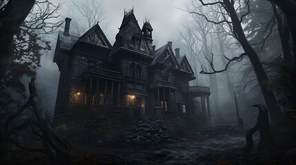 A Dreary Haunted House Beneath a Cloudy Sky Generative AI