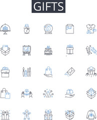 Gifts line icons collection. Funfair, Entertainment, Festival, Rides, Food, Games, Music vector and linear illustration. Attractions,Merry-go-round,Ferris wheel outline signs set