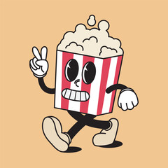 Cute popcorn cartoon characters with hands, legs, eyes. Retro comic style. Cinema, movie theater, cinematography, movie watching concept. Hand drawn Vector