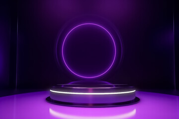 Puple Violet Display mock up 3D luxury stage with LED light and simple shape decoration around it. generative AI