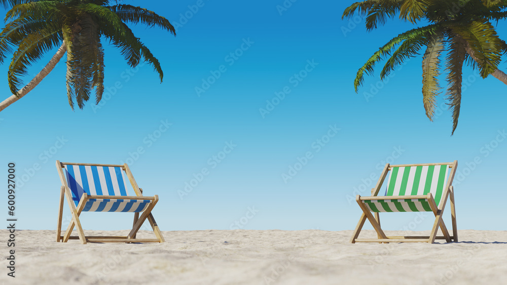 Poster summer vacation background with sunbeds on both sides of the beach sand and palm trees in the backgr