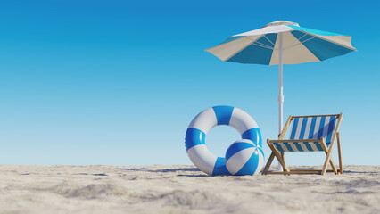 Summer vacation background image with a swimming tube and sunbed on the beach sand. 3d rendering © AddMeshCube