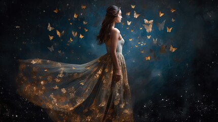 beautiful woman walking surrounded with butterfly, Generative Ai