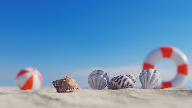 Summer vacation image of seashells on a summer beach with a swimming tube and blue sky in the background. 3d rendering
