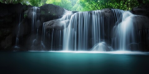 peaceful waterfall scenic in green forest, Generative Ai