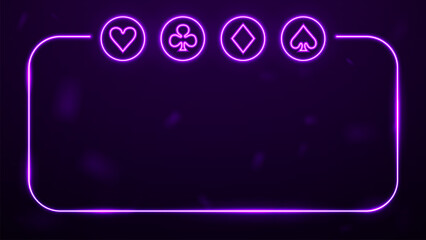 Neon bright frame with the suits of the peak, tambourine, hearts, cross on a dark purple background.