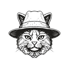 cat with bucket hat, vintage logo line art concept black and white color, hand drawn illustration