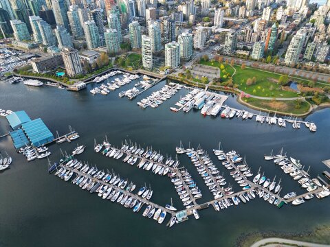 Aerial image of Stanley Park, Coal Harbor and Vancouver, BC, Canada