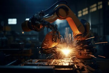 Robot welder. Automatic welding machine. AI generated, human enhanced