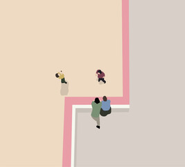 People standing on second floor looking down people walk on street. Building and architecture. 