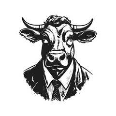 bovine politician, vintage logo line art concept black and white color, hand drawn illustration