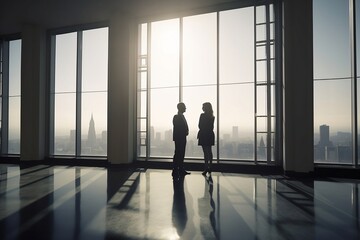 Fototapeta na wymiar Silhouettes of two businessmen standing in a large room of a skyscraper while the sun casts shadows, Generative AI