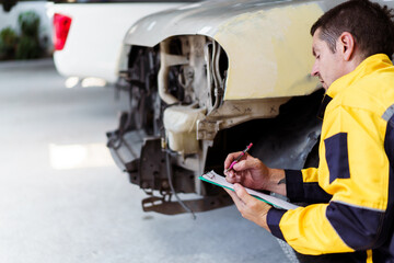 Senior professional automotive technician inspecting the damaged vehicle in garage. 