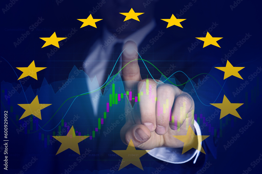Aufkleber stock exchange. double exposure with european flag and man using digital screen with trading graphs