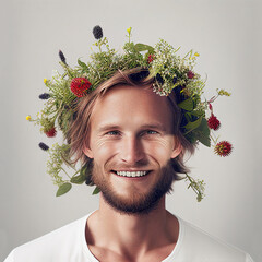Smiling young man wearing a wreath of wildflowers and herbs for traditional Scandinavian midsummer celebration.