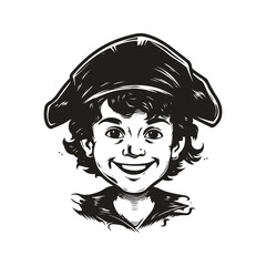 boy pirate, vintage logo line art concept black and white color, hand drawn illustration