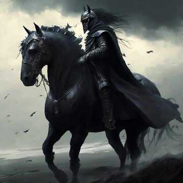 A Knight Wearing Dark Armor Astride a Black Stallion Generative AI