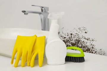 Sink with rubber gloves, mold remover spray bottle and brush near affected wall in bathroom