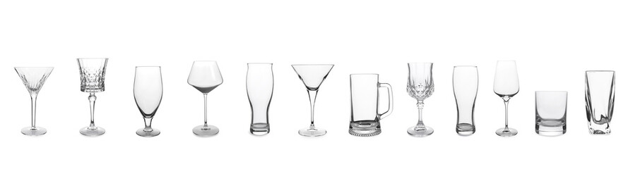 Collage with different empty glasses on white background