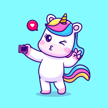 Cute Unicorn Selfie With PhoneCartoon Vector Icon Illustration. Animal Technology Icon Concept Isolated Premium Vector. Flat Cartoon Style