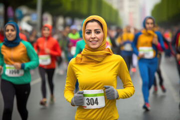 Female marathon runner wearing a hijab while running through a crowd of other runners, with the city skyline in the background. Generative AI
