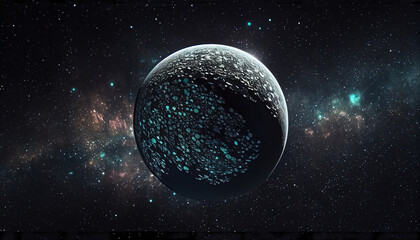 Dark exoplanet with cyan texture with stars and galaxies in the background. Alien planet discovery. Digital illustration.