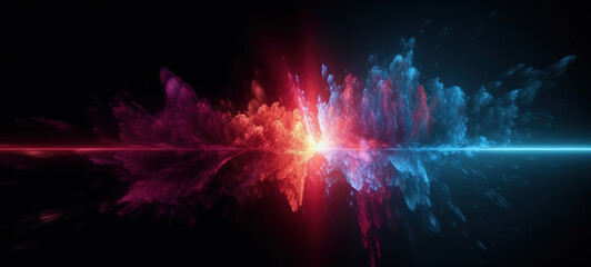 Red and blue particles colliding and exploding. Science concept. Powerful burst of light. - obrazy, fototapety, plakaty