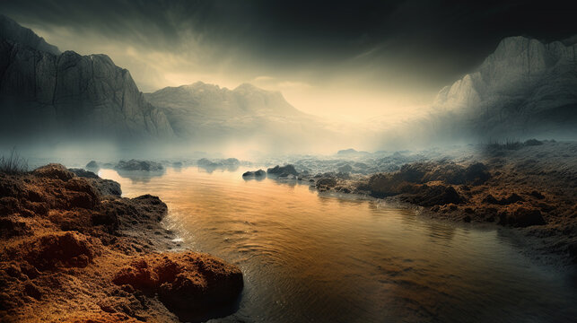 Methane river on a rocky alien planet with hazy atmosphere. Extraterrestrial landscape. Digital illustration.