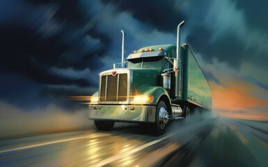 Fantasy American truck speeding on freeway in rainy stormy weather. Blurred motion. Generative ai painting  illustration. - 600930860