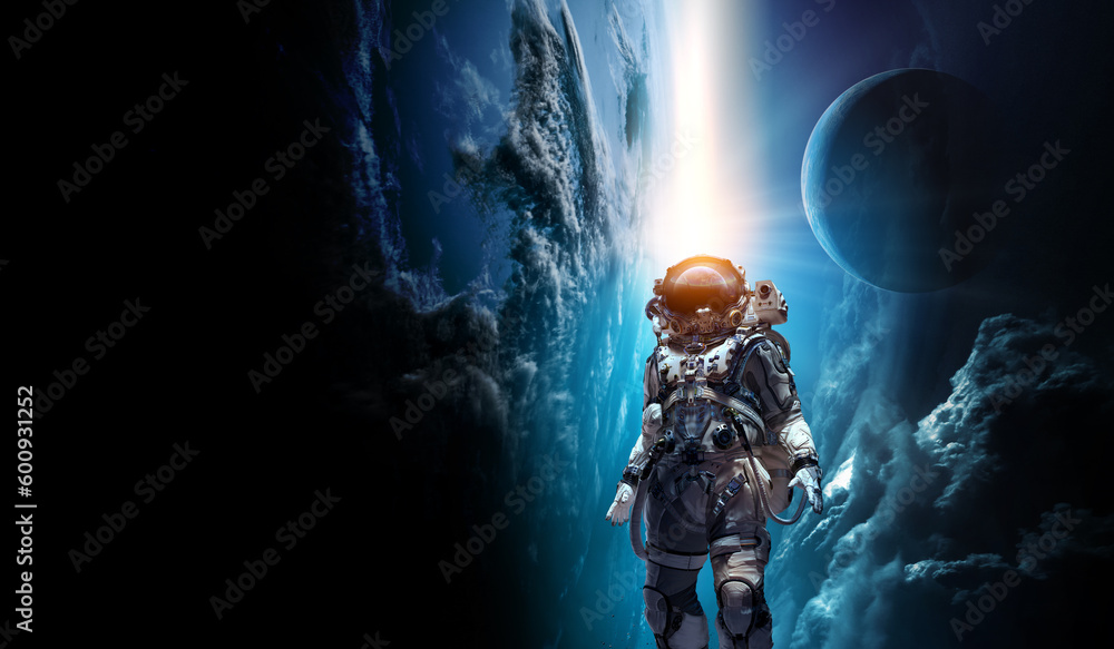 Poster astronaut walking on an unexplored planet