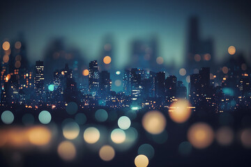 Blurry bokeh cityscape at twilight time, dark blue ambience, Generative AI