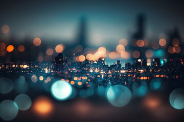 Blurry bokeh cityscape at twilight time, dark blue ambience background, Generative AI