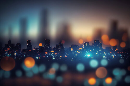 Blurry bokeh cityscape at twilight time, dark blue ambience background, Generative AI