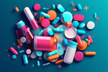 Various different colourful medicines in tablet or capsule form, spread out.  Generative AI