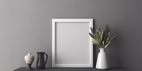 Blank picture frame mockup on gray wall. White living room design.