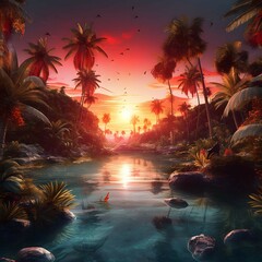 tropical sunset lake trees