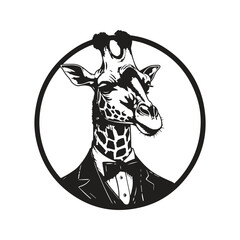 businessman giraffe, vintage logo line art concept black and white color, hand drawn illustration