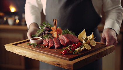 Professional catering. Cropped shot of chef holding a woodden plate with steak Ai generated image