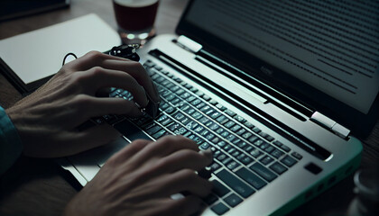 Website technical content writer typing in laptop closeup shot. People using laptop with hands closeup.  Ai generated image - obrazy, fototapety, plakaty