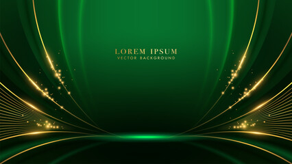 Luxury golden lines with curve light, glittering light effects elements. Green elegant background style vector design