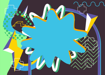 Abstract explosion geometric shapes background. Simple busy vibrant colors geometrical graphic art poster. Vintage random geometry template.