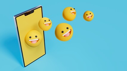 Smartphone with yellow screen gets lots of smile emoticons, illustration 3d, blue scenery