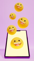 Various, smile emoticons come out of yellow cell phone screen, purple scenery, 3d illustration