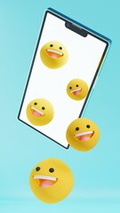group of smile emoticons fall off smartphone screen, blue scenery, 3d rendering