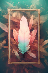 Feathers with Frame Plants Botanical Organic Pink Rose Red Teal Torquoise Generative AI