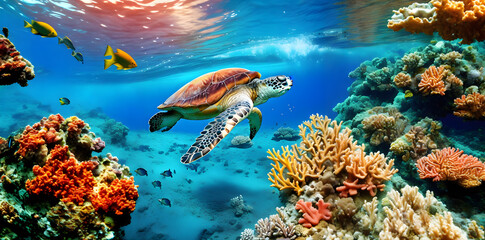 Obraz premium A sea turtle diving in the ocean with coral reefs and fish. Generative AI