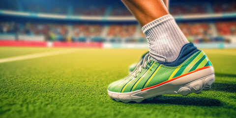 Close-up of a athlete's feet in soccer shoes in the stadium, athlete during training session on the football field.